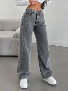 EURMUSE 100%Cotton Snow Wash Straight Leg Jeans - Grey - View 4