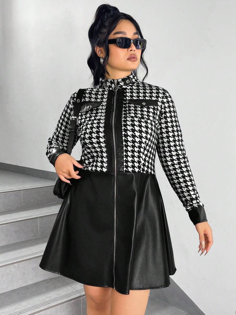 SHEIN Privé Kích thước lớn In Houndstooth Vá lại Dây kéo mặt trước Đầm - Đen và trắng - Xem 1