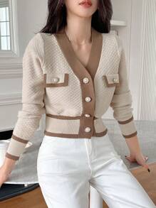 DAZY 女士秋季撞色长袖纽扣设计休闲商务开衫，女士春秋休闲纽扣常规袖 V 领常规版型多色拼色女士开衫，休闲日常穿着，长袖上衣 - 彩色 - 查看 7