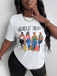 Slaydiva 女士字母印花短袖t恤和短褲套裝 - 黑與白 - 查看 1