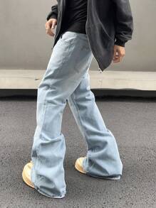 Manfinity Hypemode Men's Solid Color Wide Leg Denim Jeans With Slanted Pockets Baggy Long Washed Flare Jean Cargo Plain Light Blue Party Street Wear Rapper