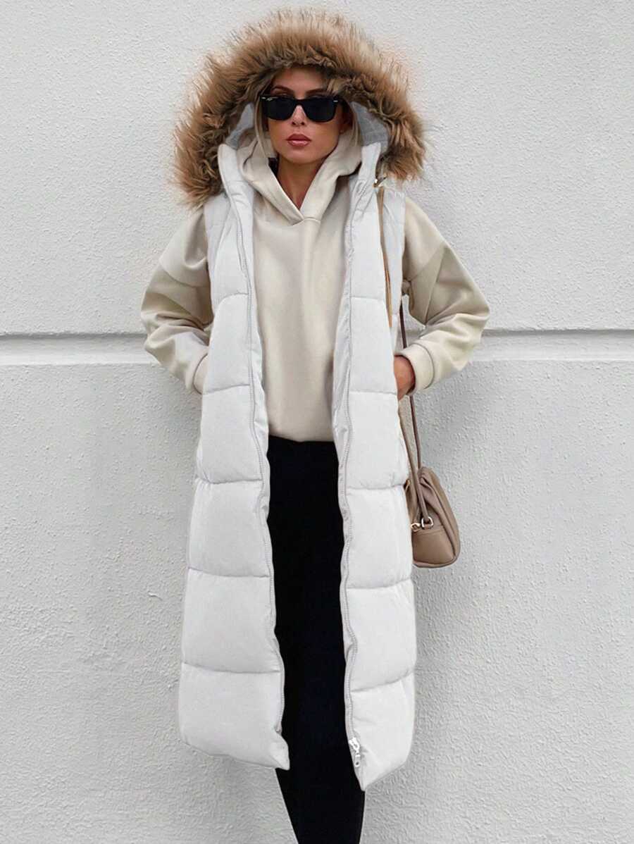 EURMUSE Fuzzy Trim Hooded Puffer Vest Coat - White - View 1