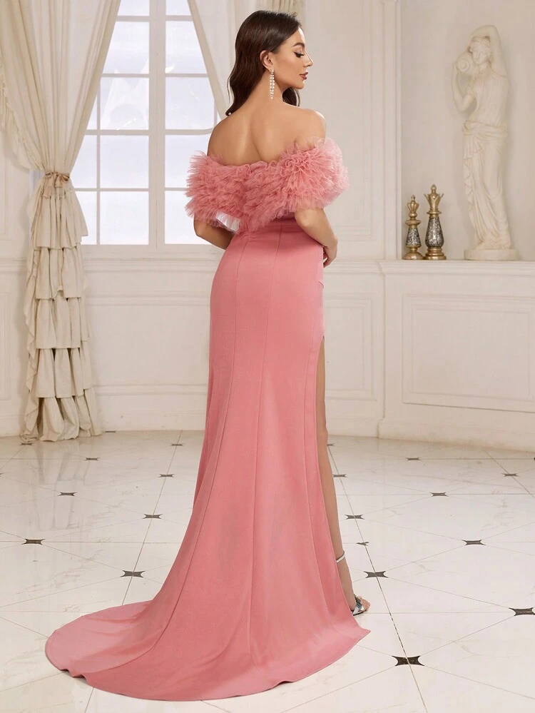 Women's Heavy Work Off-the-shoulder Dress With High Slit And 3d Flower Detail, Perfect For Evening Party