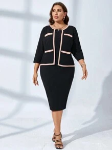 SHEIN Clasi Plus Size Women's Contrast Trim Jacket And Dress 2pcs Set - Pink - View 3