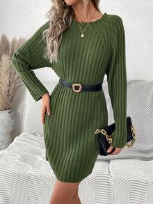 SHEIN LUNE Women'S Ribbed Knit Sweater Dress With Raglan Sleeves - Army Green - View 3