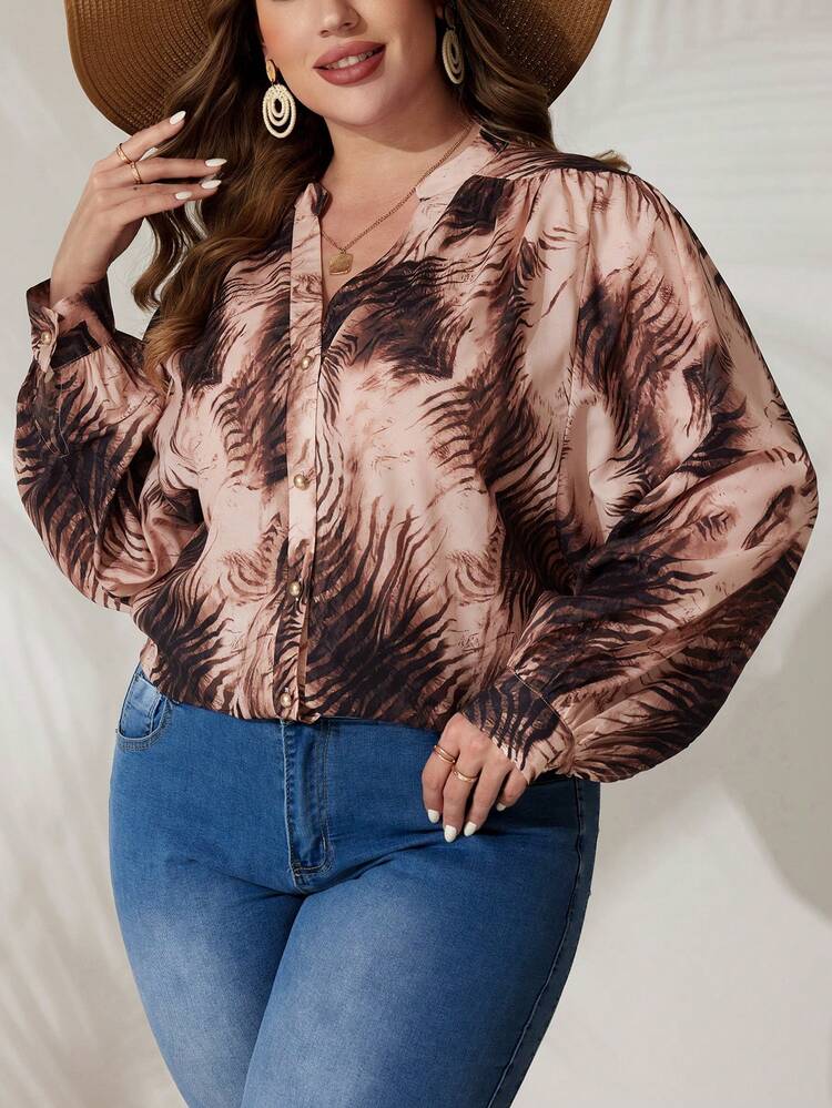 Plus Size V-neck Printed Shirt