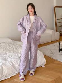 DAZY Thickened Embroidered Home Wear Suit With Letters - Purple - View 8