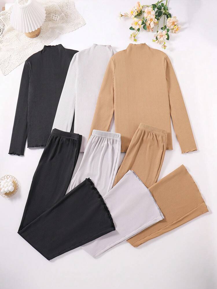 Teen Girls' Comfortable Casual Knitted Ribbed 3pcs/set Outfit