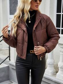 SHEIN LUNE Ladies' Zipper Front Padded Padded Coat Clothes Winter - Brown - View 1