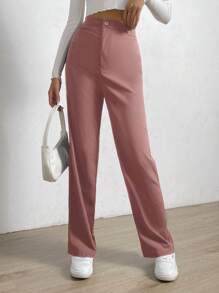 EURMUSE Pantalones De Vestir Con Detalle De Botones De Color Liso - Rosa - Ver 1