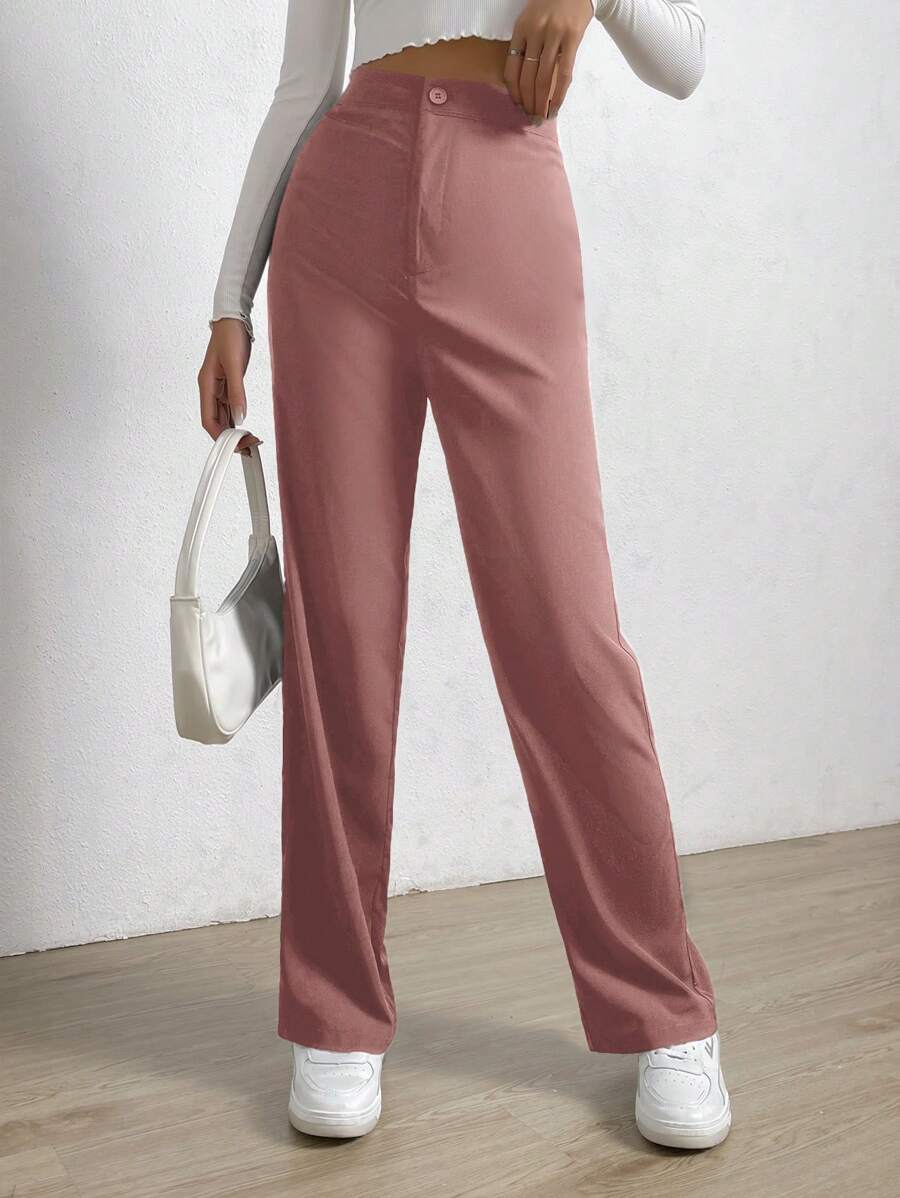EURMUSE Pantalones De Vestir Con Detalle De Botones De Color Liso - Rosa - Ver 1