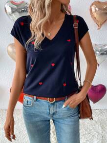 SHEIN LUNE Valentine's Day All Over Heart Embroidered V-Neck T-Shirt