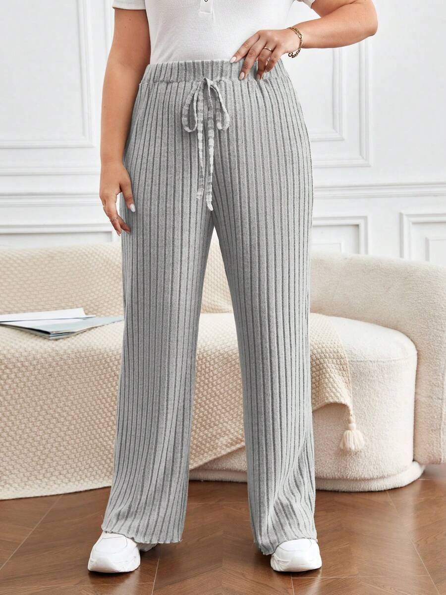 SHEIN Frenchy Pantalones De Canalé Con Cintura Con Cordón Para Mujer Talla Grande - Gris - Ver 1