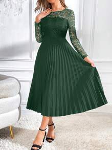 SHEIN Privé 女士花邊拼接褶皺裙 - 墨綠色 - 查看 3