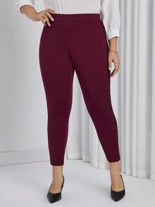 SHEIN Privé Women's Plus Size Patchwork Glitter Leggings - Burgundy - View 4