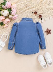 SHEIN Camisa Vaquera Con Mangas Abullonadas Y Botones Delanteros Para Bebé Niña - Azul lavado medio - Ver 2