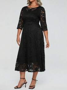 SHEIN Clasi Maxikleid in A-Linie für Damen mit Spitze in Unifarbe, Große Größen