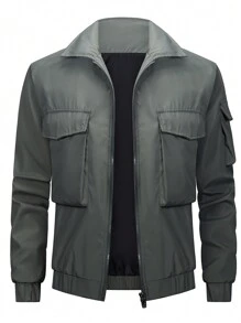Manfinity Homme Chaqueta De Bolsillo Con Solapa De Manga Larga De Color Sólido Para Hombre - Verde - Ver 1