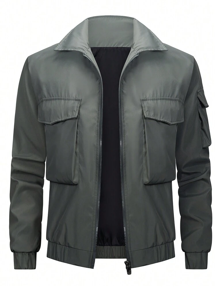 Men's Solid Color Long Sleeve Flip Pocket Jacket