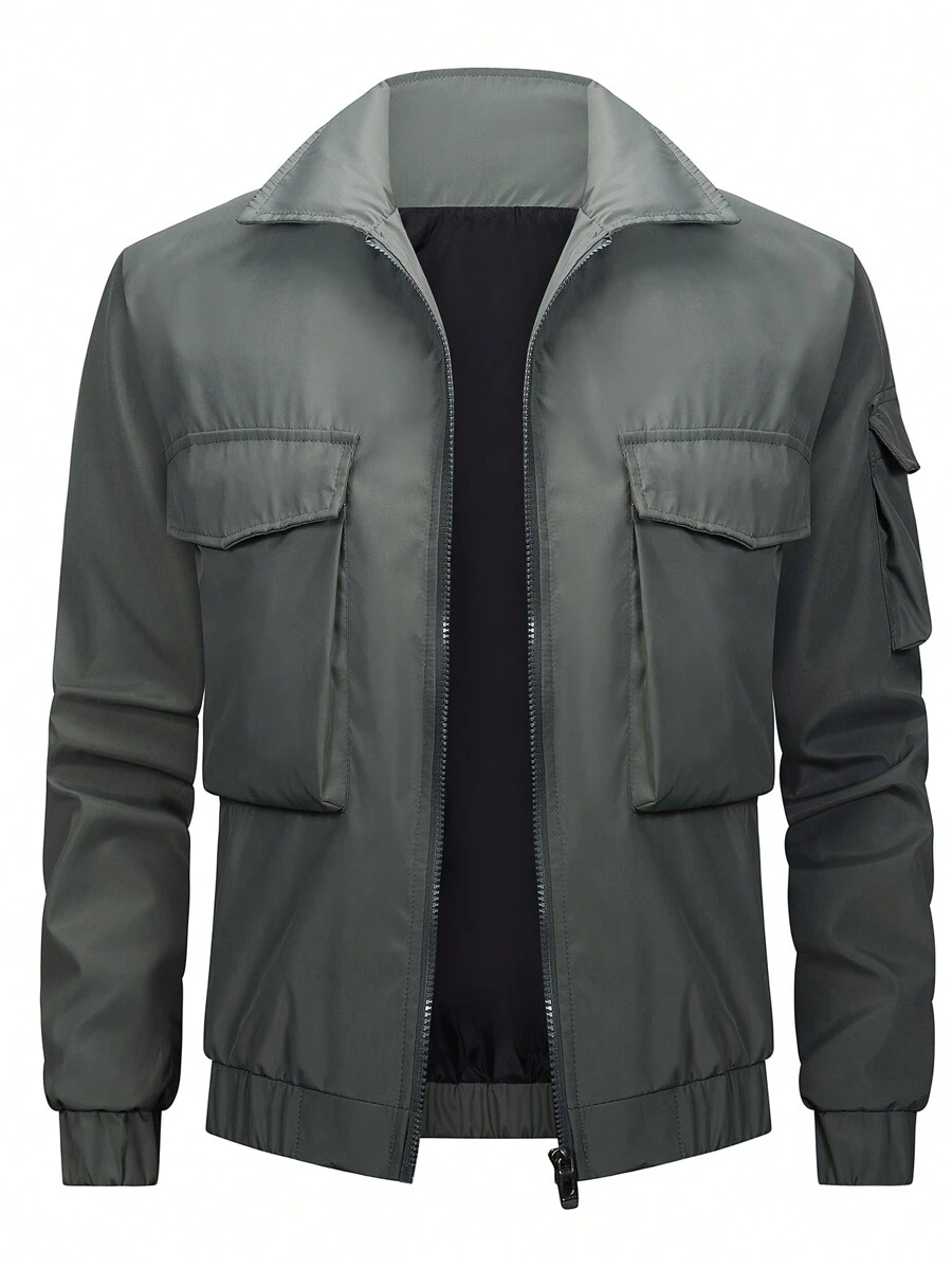 Manfinity Homme Chaqueta De Bolsillo Con Solapa De Manga Larga De Color Sólido Para Hombre - Verde - Ver 1
