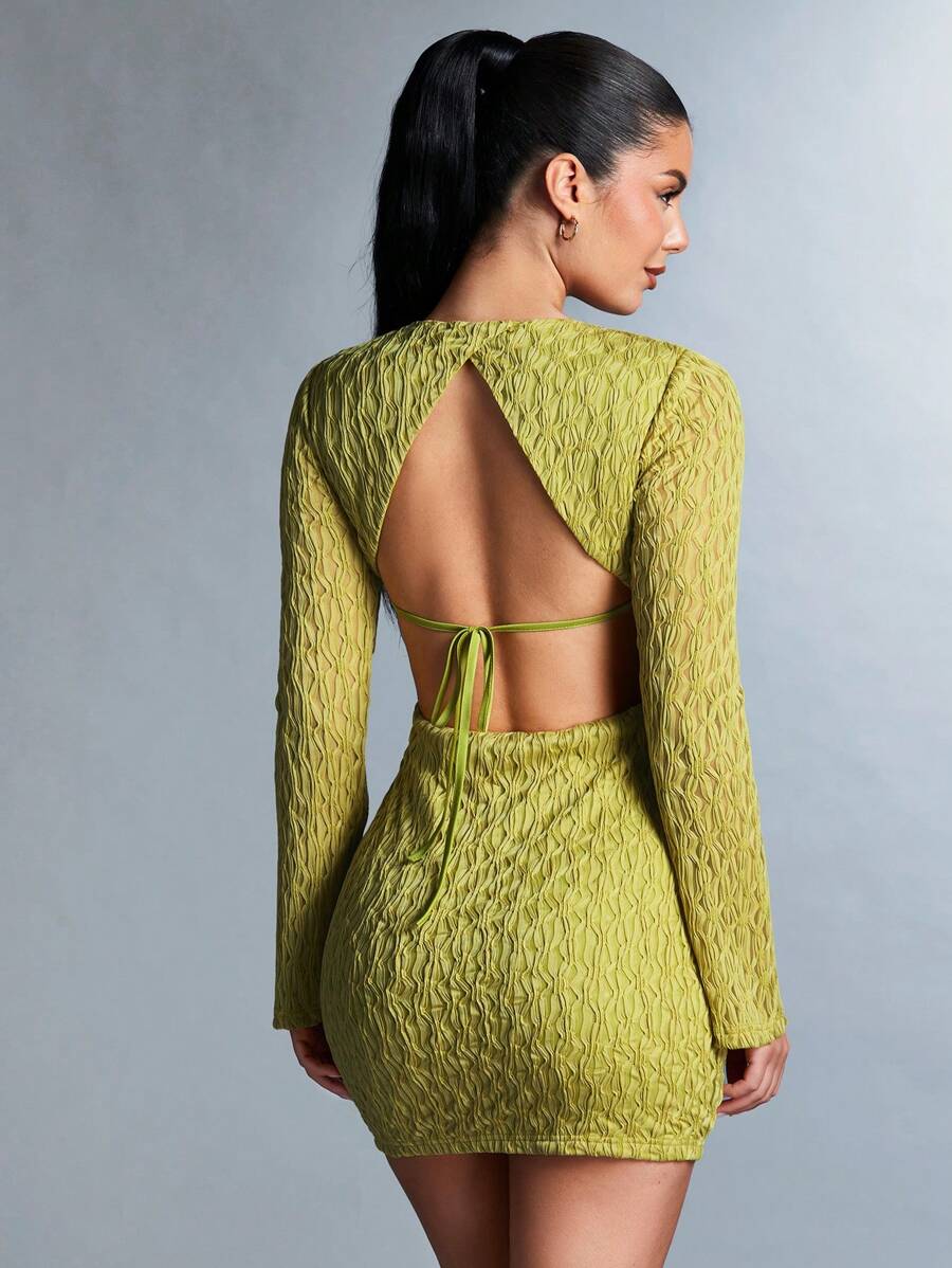 SHEIN BAE 女士長袖露背緊身連衣裙 - 芥末黃 - 查看 1