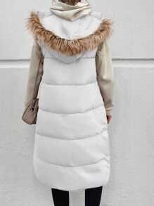 EURMUSE Fuzzy Trim Hooded Puffer Vest Coat - White - View 2