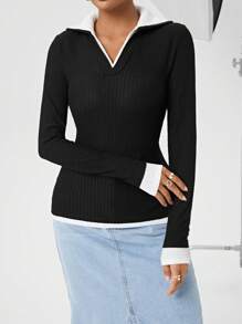SHEIN Essnce Camiseta Ajustada 2 En 1 De Color De Contraste - Negro - Ver 4