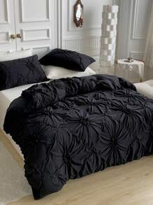 3pcs Black Ruffle Flower Polyester Quilt Cover Set, Luxury Minimalist Fashion Bedding Set Suitable For All Seasons