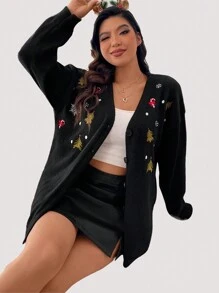 Celure Plus Christmas Star Embroidery Drop Shoulder Cardigan