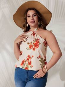 SHEIN VCAY Plus Size Flower Pattern Halter Neck Blouse - Multicolor - View 1
