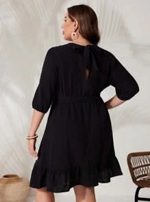 SHEIN VCAY Plus Size Round Neck Lantern Sleeve Dress With Belt