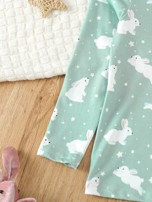 Giường đôi In Dễ thương Mẫu thỏ Cô Gái Trẻ Tay áo dài Và Quần Vừa Khít Trang phục mặc nhà Bộ - màu xanh lá - Xem 5