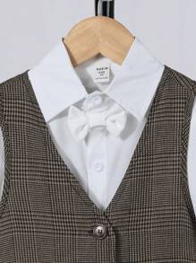 SHEIN Toddler Boys' Houndstooth Pattern Vest With Bowtie, Shirt And Pants Set - Khaki - View 4