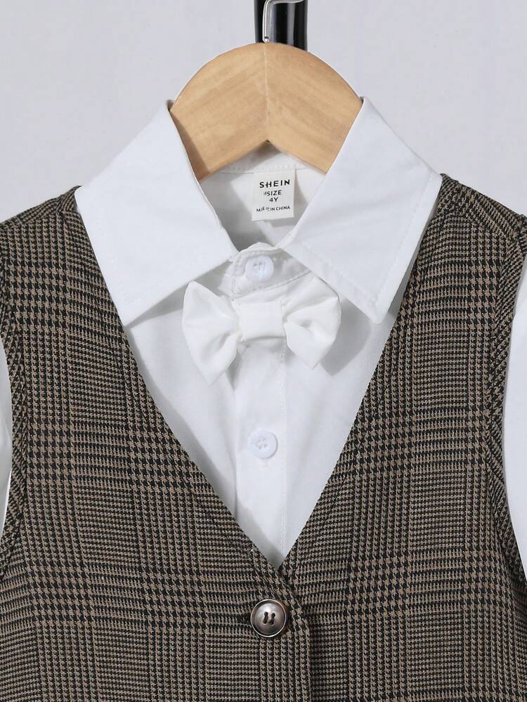 Toddler Boys' Houndstooth Pattern Vest With Bowtie, Shirt And Pants Set