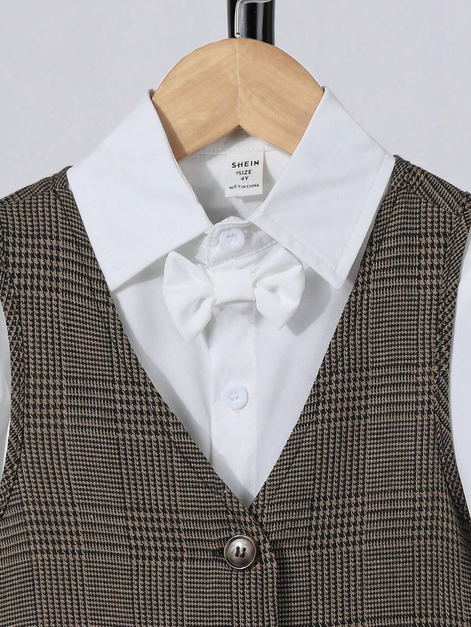 Toddler Boys' Houndstooth Pattern Vest With Bowtie, Shirt And Pants Set