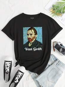 SHEIN EZwear 女士短袖t卹,印有梵高畫作圖案 - 黑色 - 查看 1