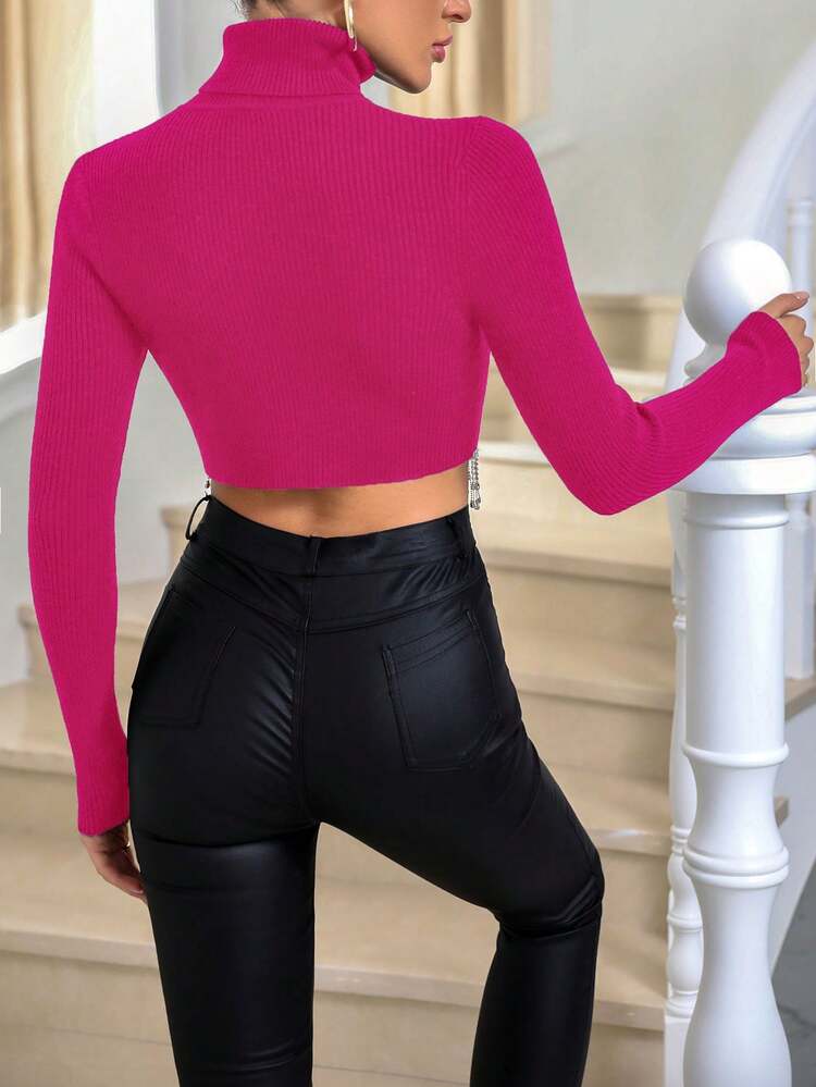 Knitted Long Sleeve Top With Curved Metal Chain Tassel Decoration Fall Winter Sweater