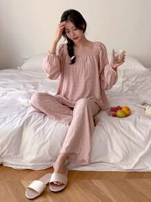 DAZY 女士純色睡衣套裝 - 粉色 - 查看 6