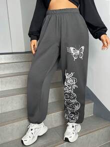 SHEIN EZwear Pantalones de chándal de talla grande con estampado de calaveras y mariposas - Gris Oscuro - Ver 4