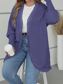Franclia Women's Plus Size Solid Color Lace Knitted Cardigan With Patchwork