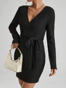 SHEIN LUNE Solid Color Belted Dress Fall Cloth For Women - Black - View 4