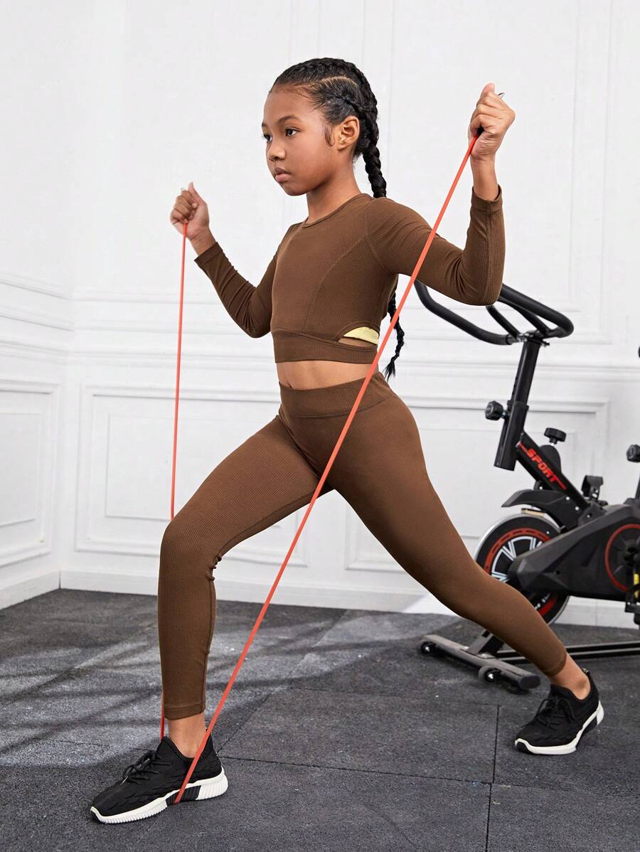 SHEIN Tween Girl Solid Crop Sports Tee & Leggings - Multicolor - View 1