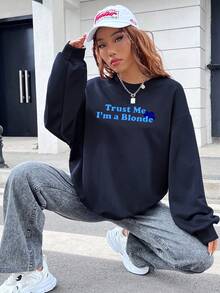 Pretty Bratty Women's Long Round Neckline Sweatshirt With Slogan Print - Navy Blue - View 3