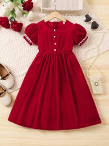 SHEIN 幼童女孩時尚泡泡袖公主裙 - 酒紅色 - 查看 5