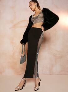 SHEIN BAE Váy cạp cao lưới sequin tương phản - màu đen - Xem 3