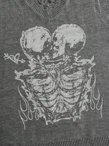 ROMWE MEN Goth Nam Hình đầu lâu Áo len vest - Xám - Xem 4