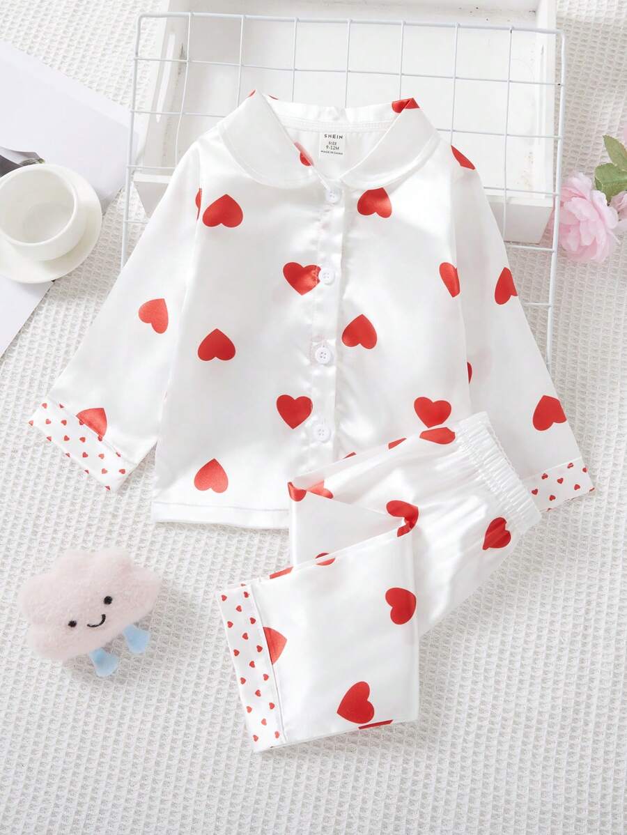 Baby Girls' Simple White Homewear Set With Macro Heart Print, Including Long Pants And Cardigan - White - View 1
