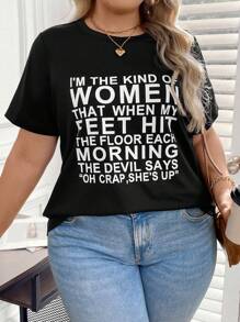 SHEIN LUNE Plus Size Women's Slogan Printed T-shirt - Black and White - View 1