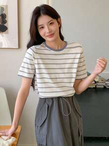 Dazy Star 女士短袖條紋針織上衣 - 藍白色 - 查看 7