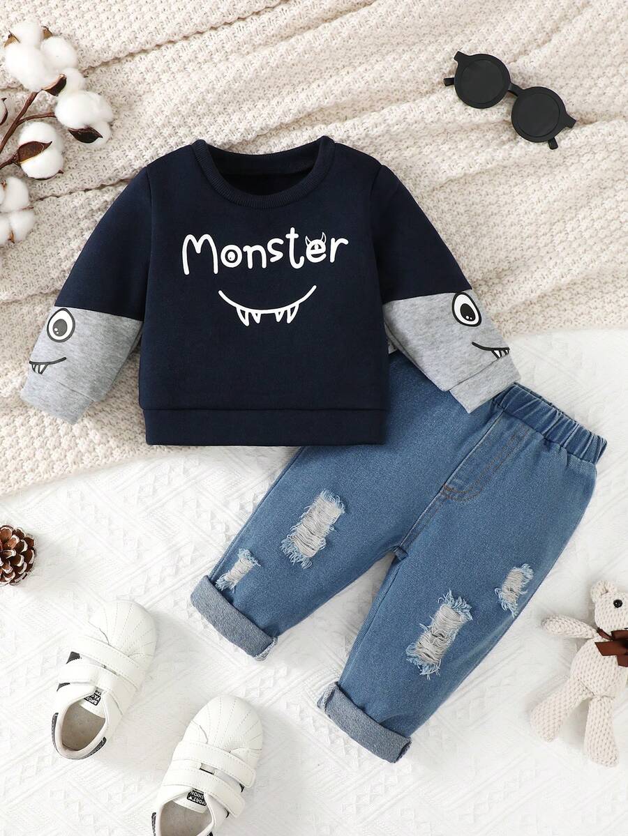 Em bé Con trai Đúng mốt Và Dễ thương Lá thư Và Nhỏ bé Quái vật In Áo nỉ Và Quần jean Quần Bộ Cho mùa xuân Và Mùa thu - màu đen - Xem 1